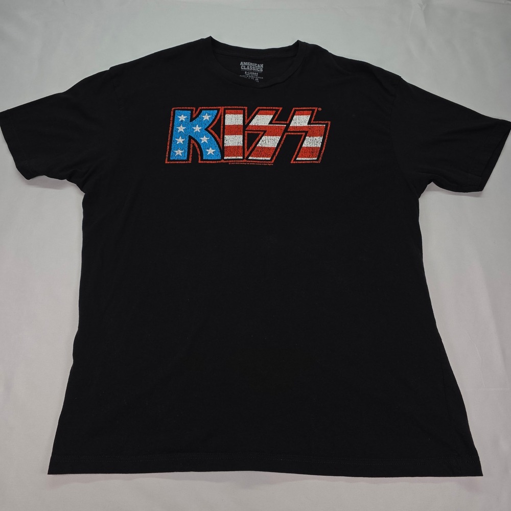 KISS Band T-Shirt Mens XL Black American Flag Logo Graphic Tee American Classics
